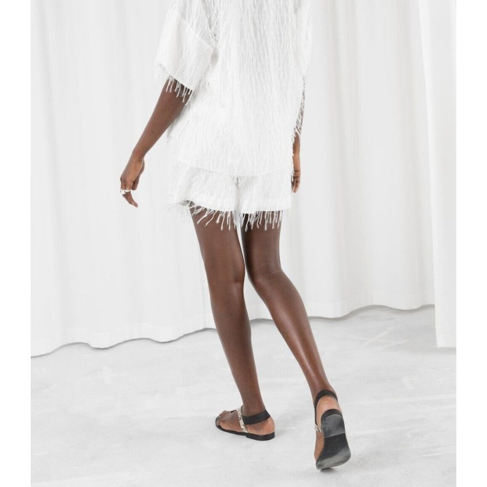 & Other Stories White High Waisted shorts w fringe elasticate waist band sz 8 - Picture 9 of 9
